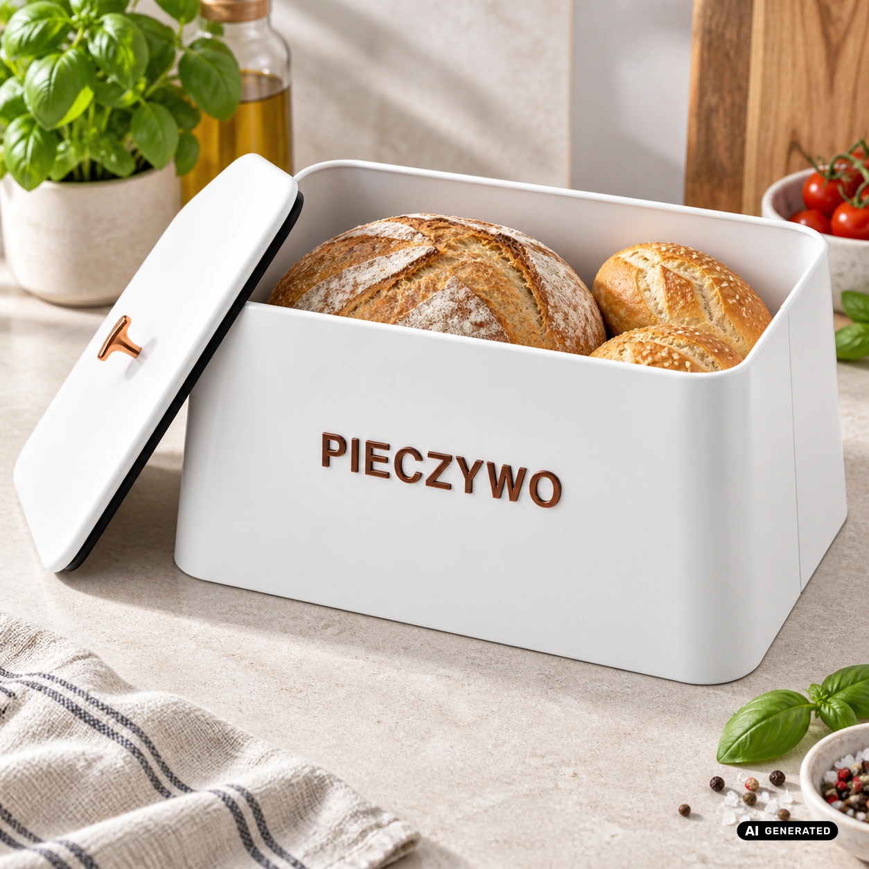 Chlebak stalowy ODELO MIGUEL biały 35 cm napis PIECZYWO — zbliżenie produktu, aranżacja AI — zdjęcie 5, aranżacja AI