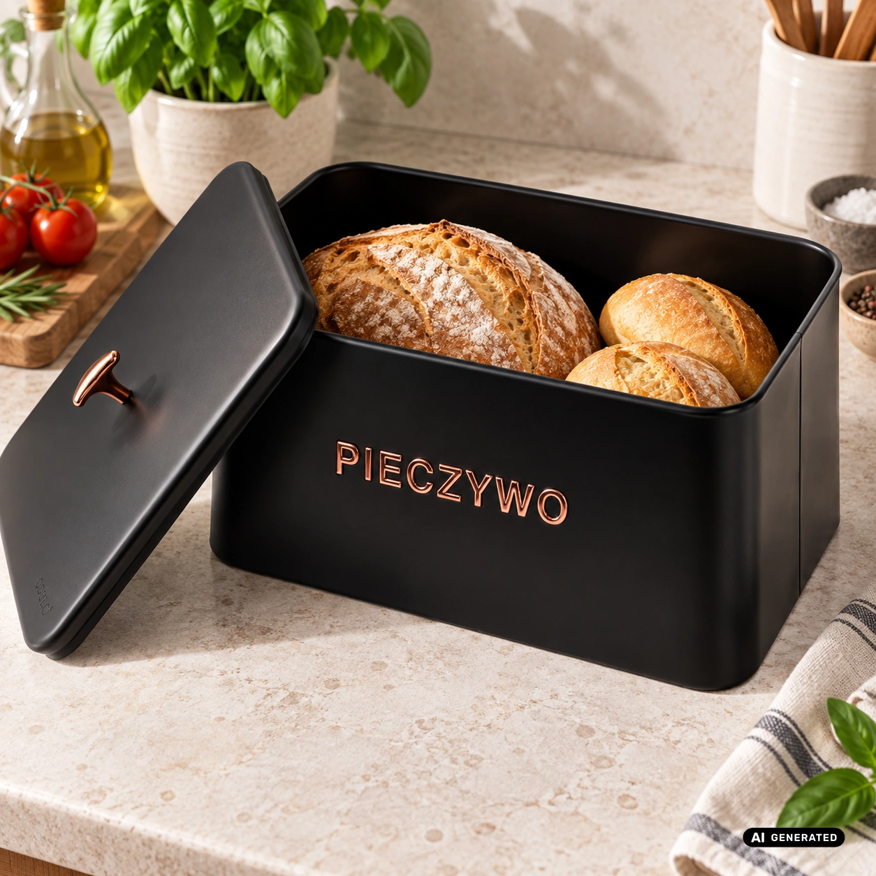 Chlebak stalowy ODELO MIGUEL czarny 35 cm napis PIECZYWO — zbliżenie produktu, aranżacja AI — zdjęcie 5, aranżacja AI