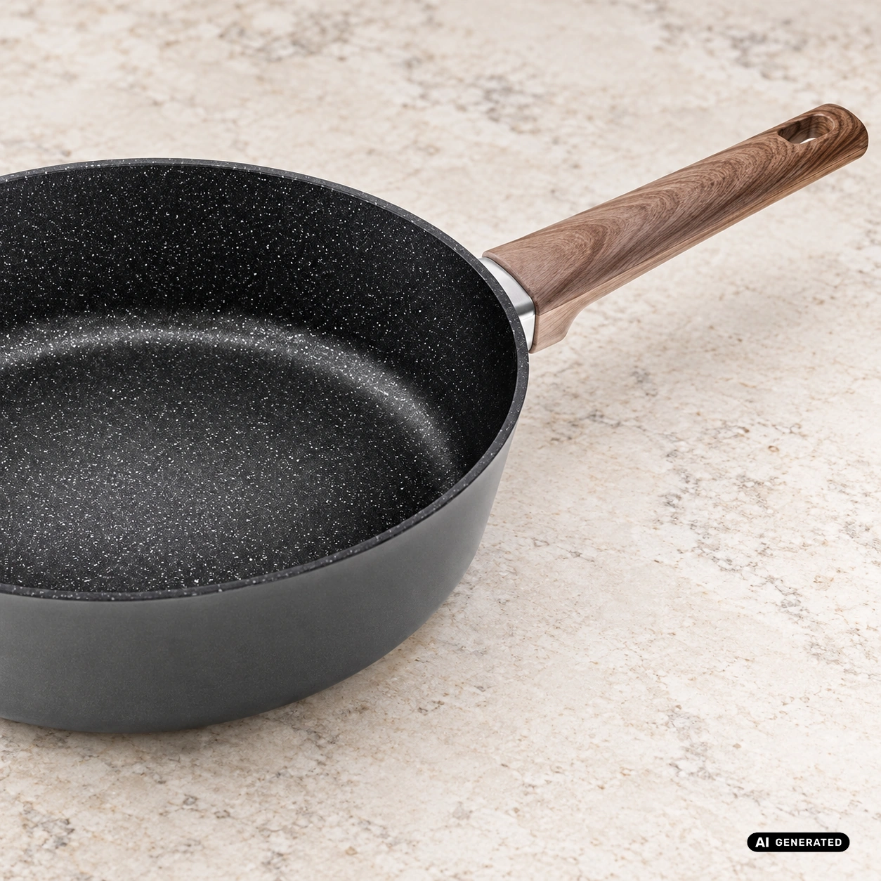 Patelnia głęboka ODELO CHAMPION 28x8 cm Greblon C3 indukcja — zbliżenie produktu, aranżacja AI — zdjęcie 5, aranżacja AI
