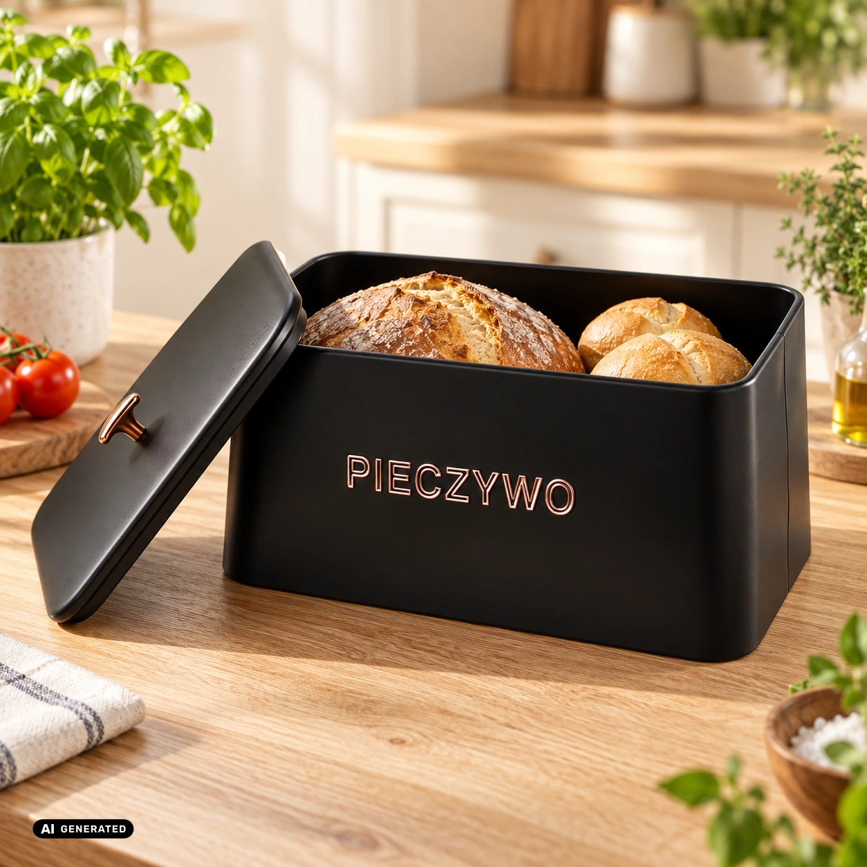 Chlebak stalowy ODELO MIGUEL czarny 35 cm napis PIECZYWO — aranżacja kuchenna AI — zdjęcie 3, aranżacja AI