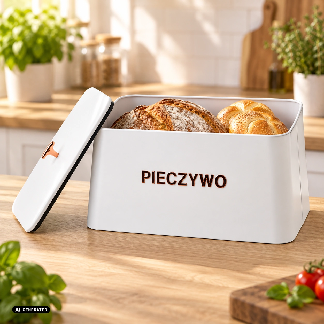 Chlebak stalowy ODELO MIGUEL biały 35 cm napis PIECZYWO — aranżacja kuchenna AI — zdjęcie 3, aranżacja AI