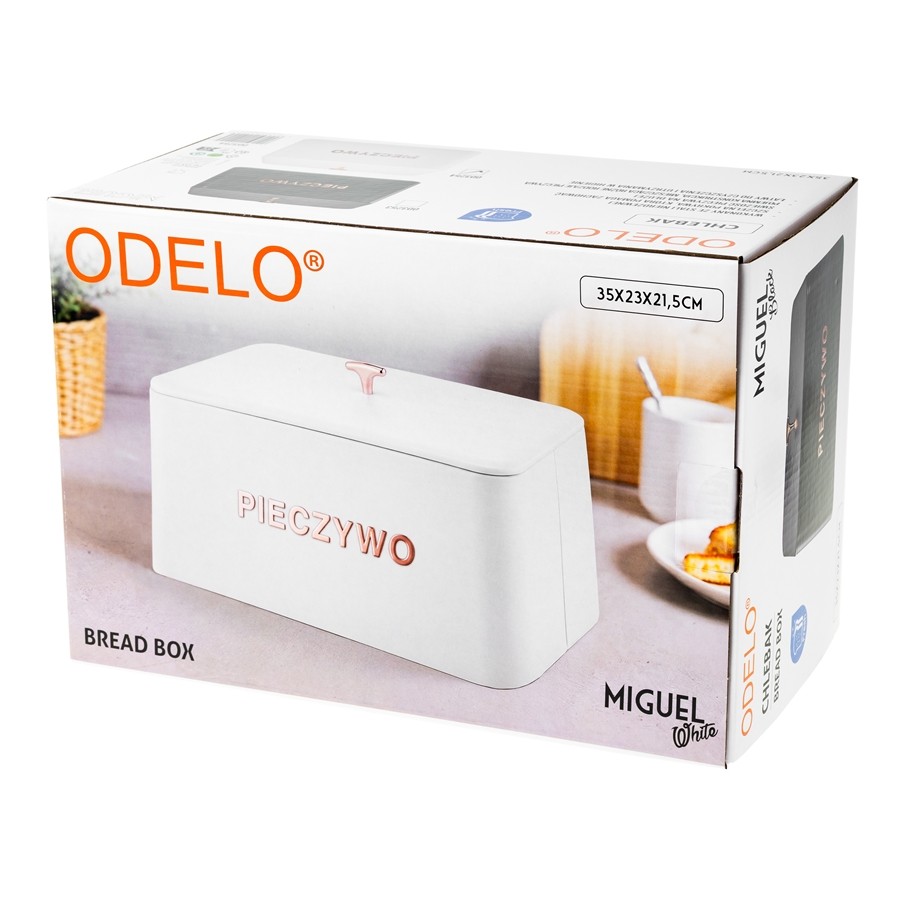Chlebak stalowy ODELO MIGUEL biały 35 cm napis PIECZYWO — opakowanie produktu — zdjęcie 6
