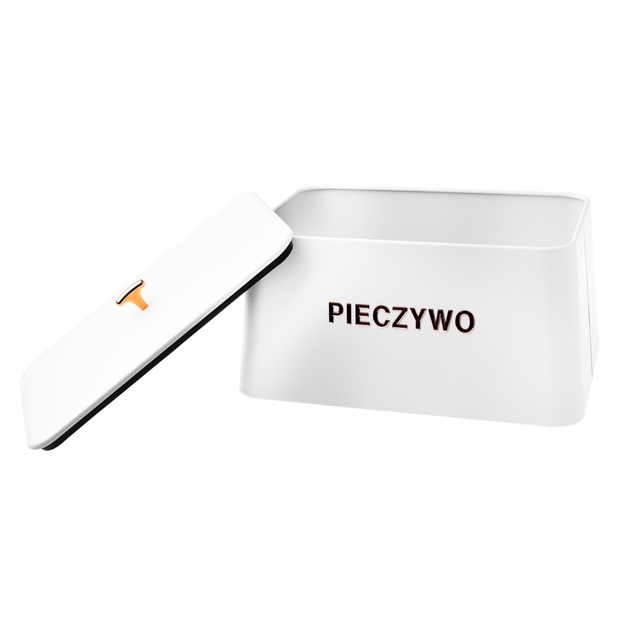 Chlebak stalowy ODELO MIGUEL biały 35 cm napis PIECZYWO — otwarta pokrywa i wnętrze — zdjęcie 4